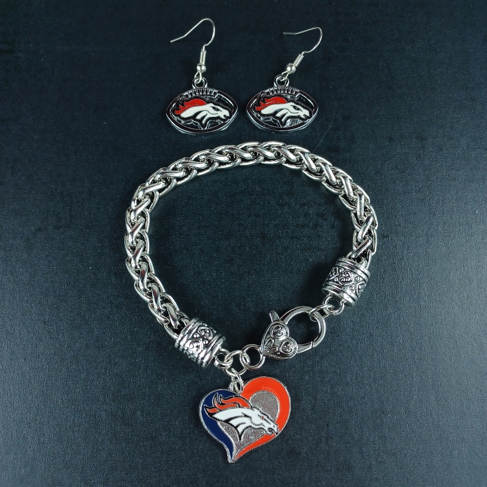 Denver Broncos Earrings Charm Bracelet Bundle Football Fan Jewelry